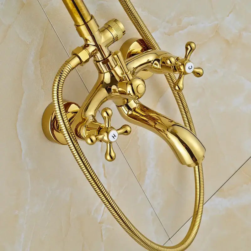 Gold brass rainfall shower faucet set with handheld spray bathroom