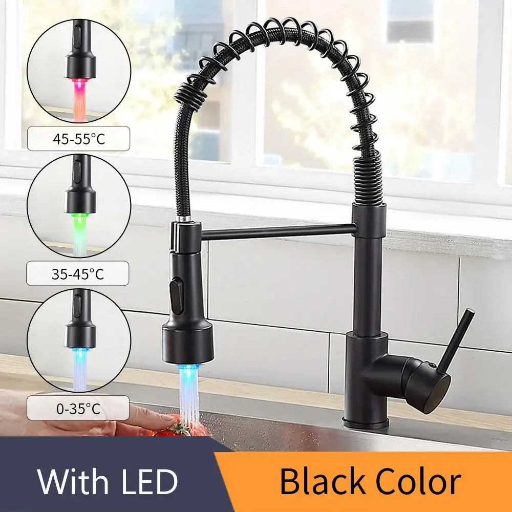 Gold brass spring spout kitchen faucet with pull down spray head