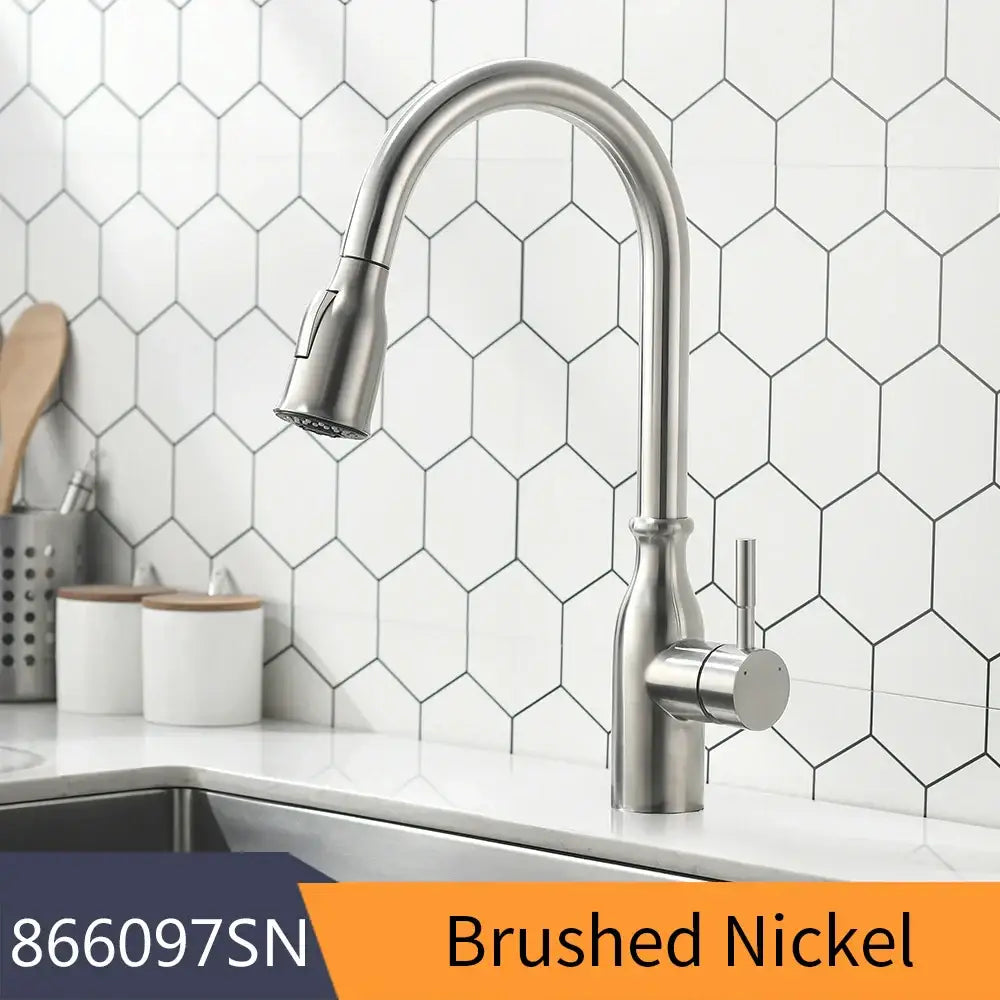 Gold brass spring spout kitchen faucet with pull down spray head