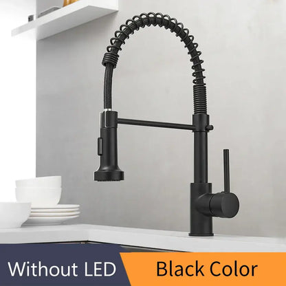 Gold brass spring spout kitchen faucet with pull down spray head