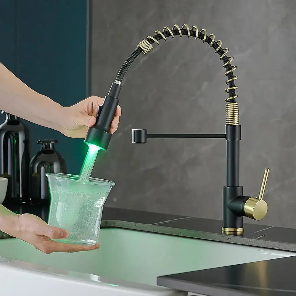 Gold brass spring spout kitchen faucet with pull down spray head