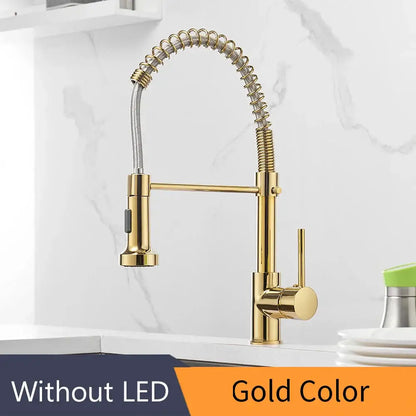 Gold brass spring spout kitchen faucet with pull down spray head