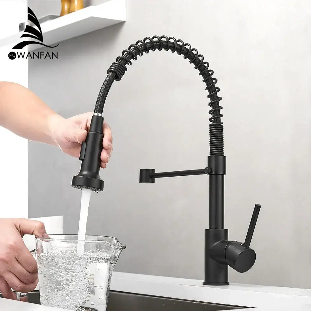 Gold brass spring spout kitchen faucet with pull down spray head
