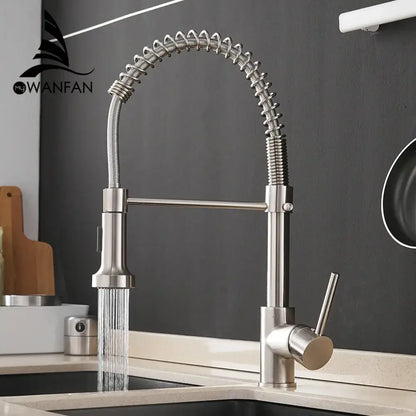 Gold brass spring spout kitchen faucet with pull down spray head