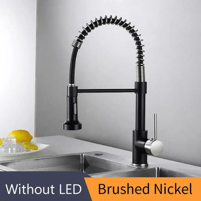 Gold brass spring spout kitchen faucet with pull down spray head
