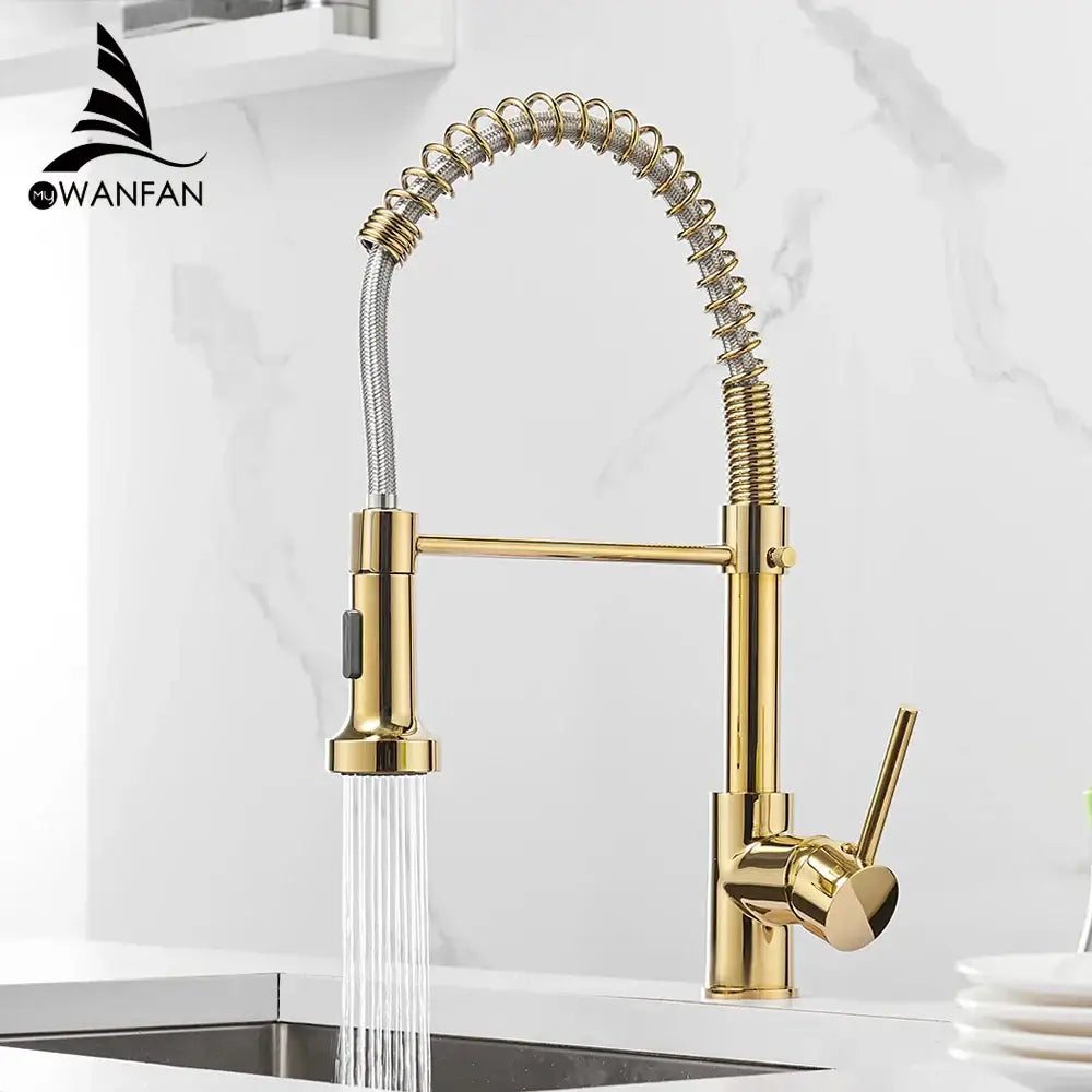 Gold brass spring spout kitchen faucet with pull down spray head