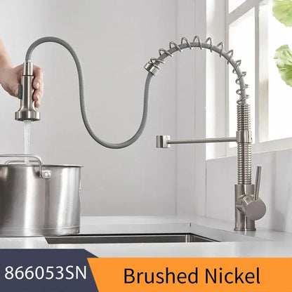 Gold brass spring spout kitchen faucet with pull down spray head