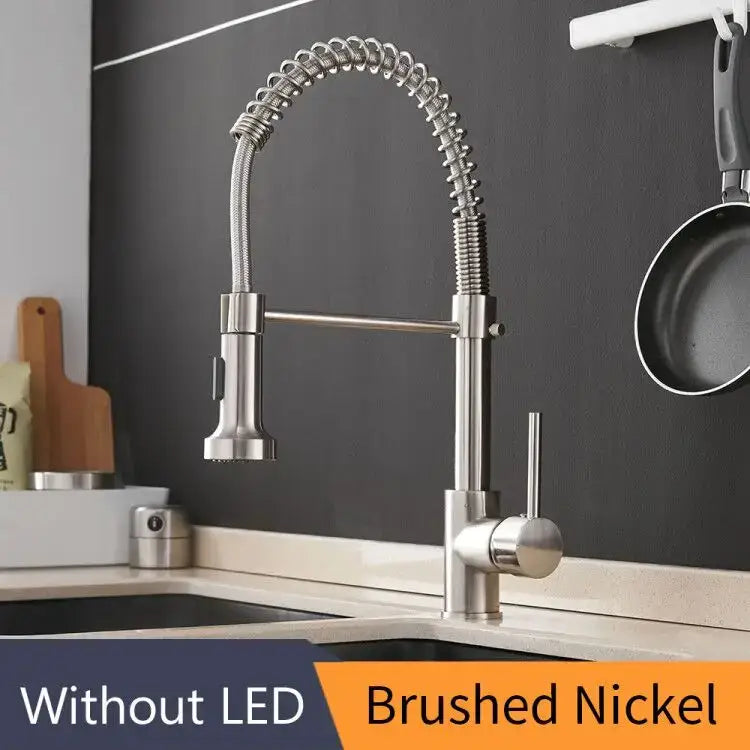 Gold brass spring spout kitchen faucet with pull down spray head