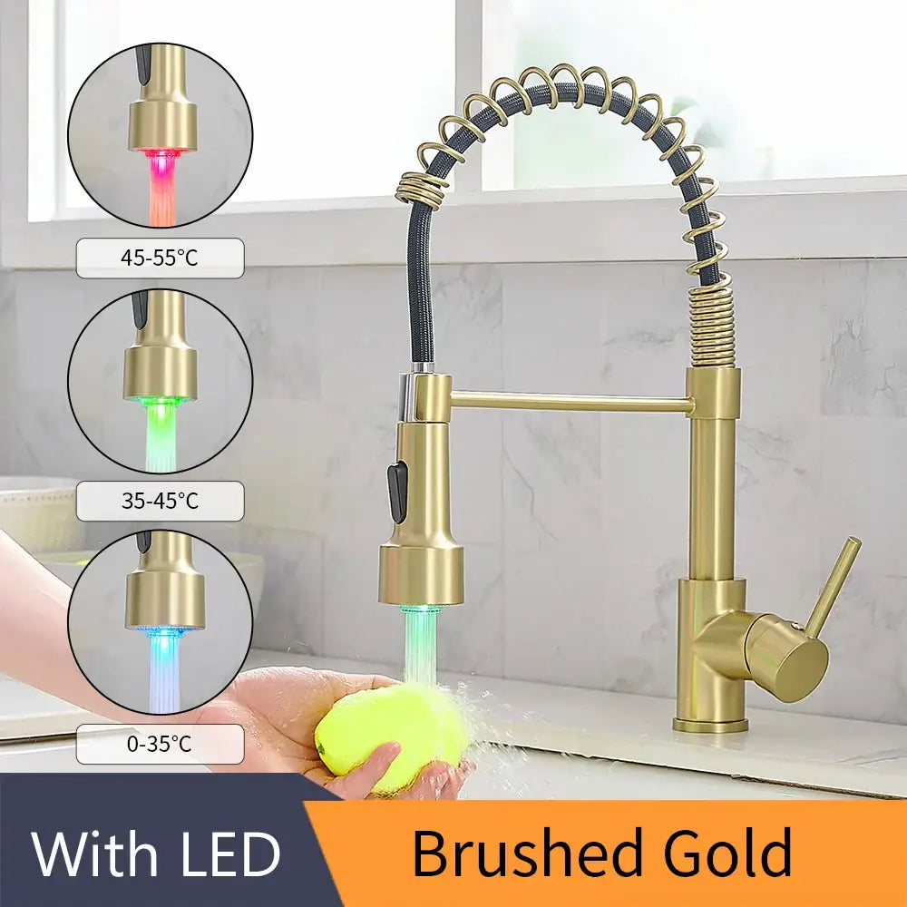 Gold brass spring spout kitchen faucet with pull down spray head