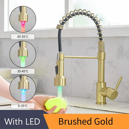 Gold brass spring spout kitchen faucet with pull down spray head