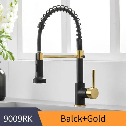 Gold brass spring spout kitchen faucet with pull down spray head
