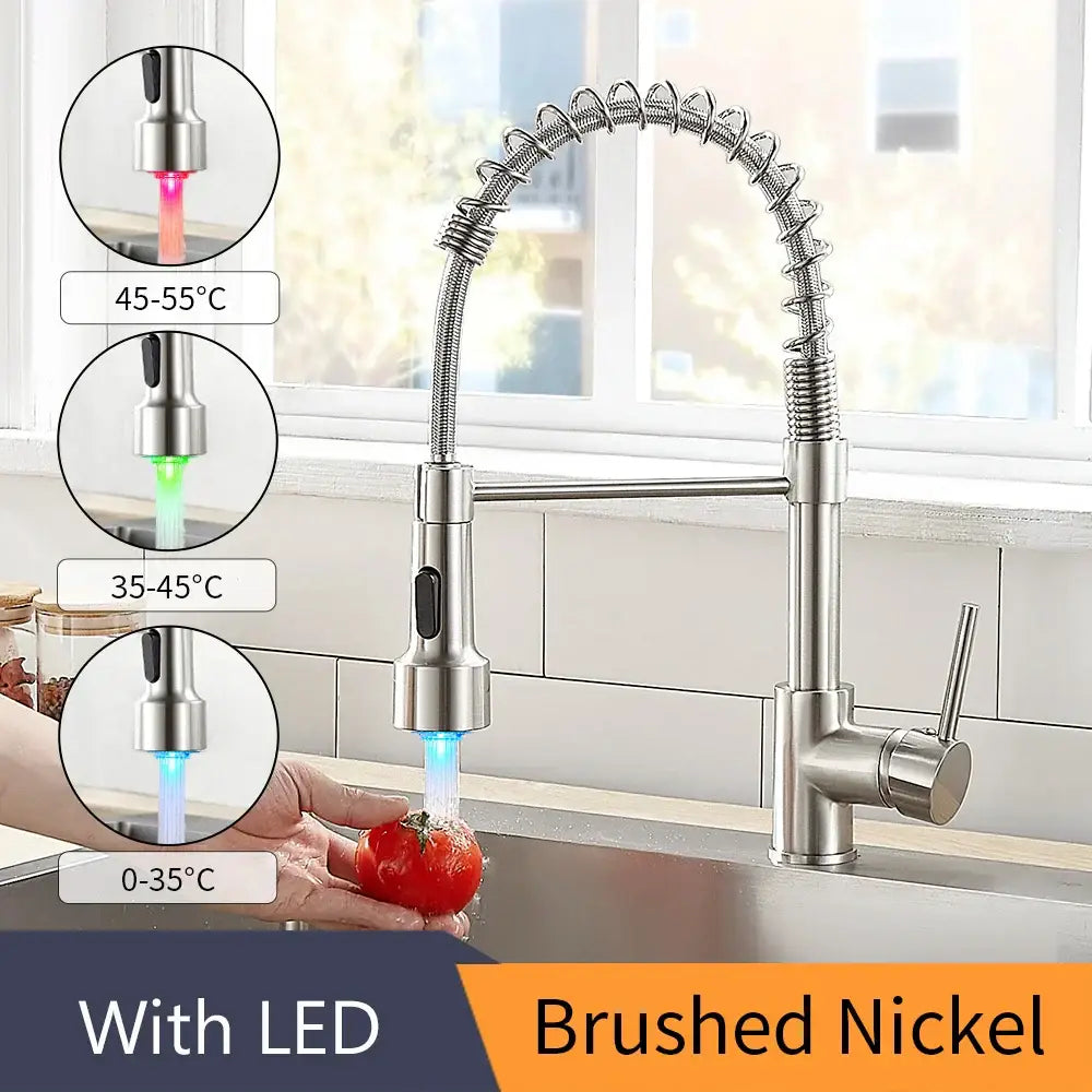 Gold brass spring spout kitchen faucet with pull down spray head