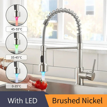 Gold brass spring spout kitchen faucet with pull down spray head