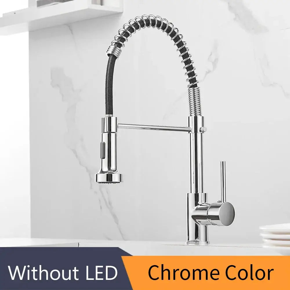 Gold brass spring spout kitchen faucet with pull down spray head