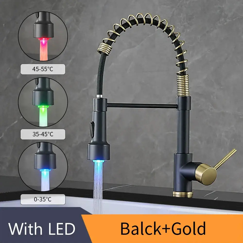 Gold brass spring spout kitchen faucet with pull down spray head