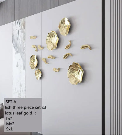 Gold carp fish lotus leaf wall art living room decor