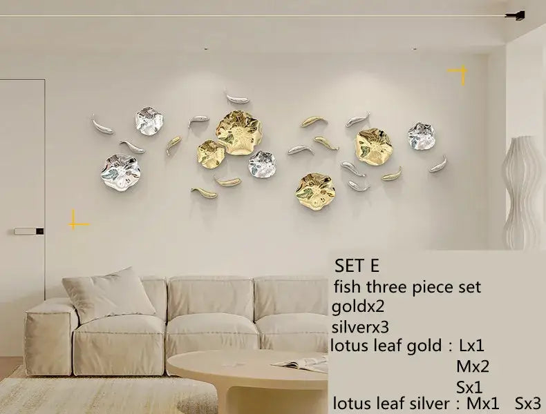 Gold carp fish lotus leaf wall art living room decor