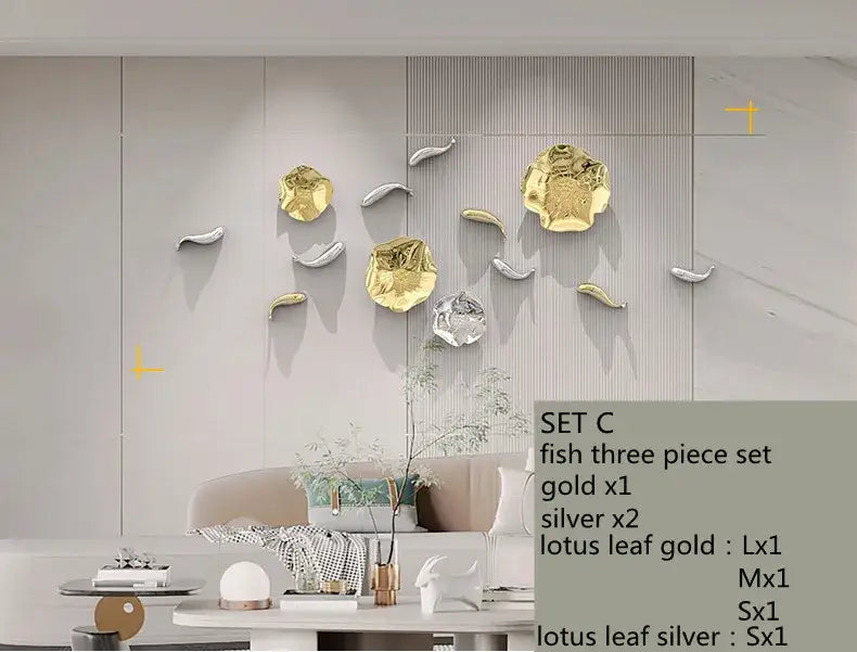 Gold carp fish lotus leaf wall art living room decor