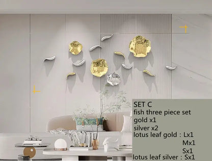 Gold carp fish lotus leaf wall art living room decor