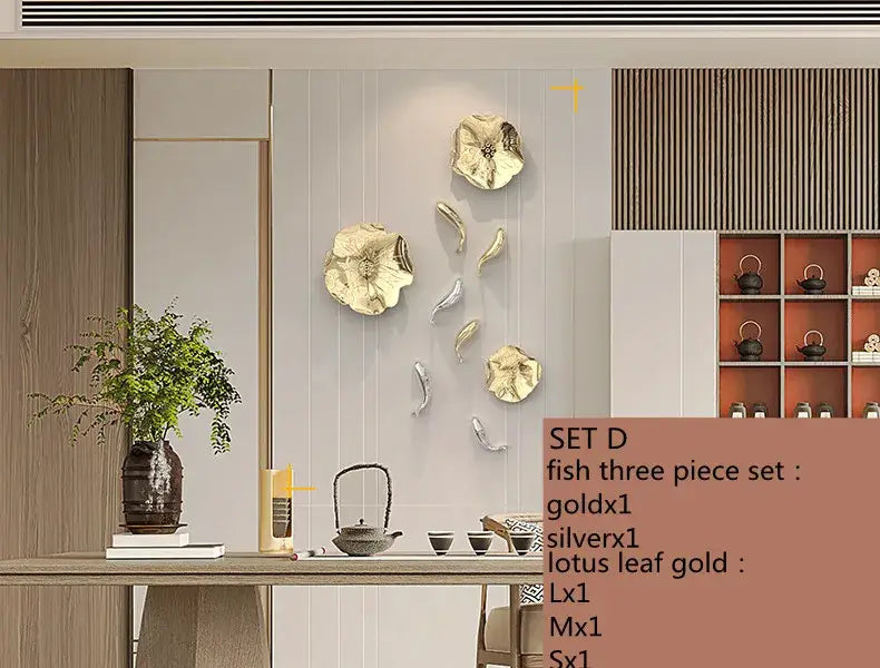 Gold carp fish lotus leaf wall art living room decor