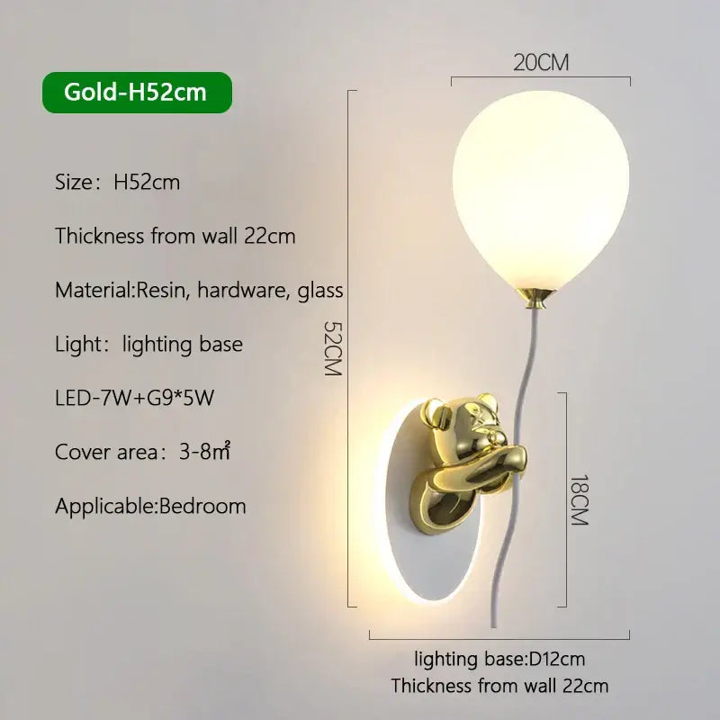 Gold cartoon bear balloon wall lamp for children's bedroom