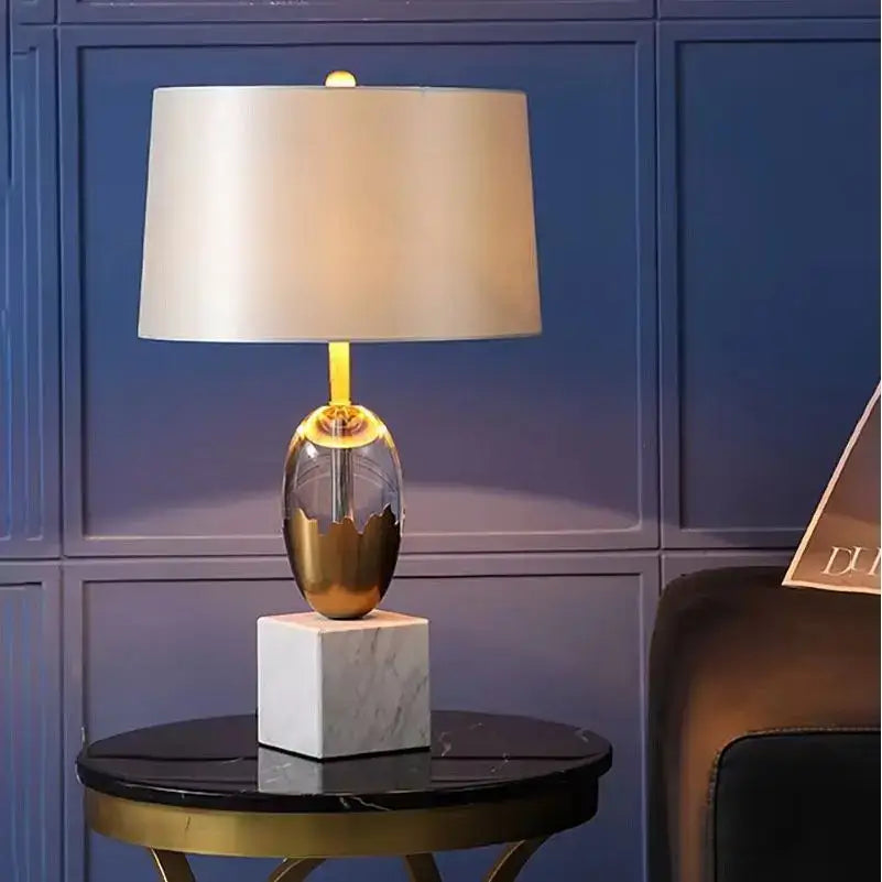 Gold ceramic crystal fabric table lamp for bedroom with marble base