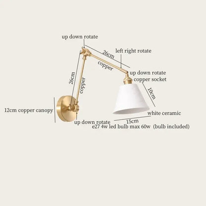 Gold ceramic led wall lamp with ribbed fabric shade for living room