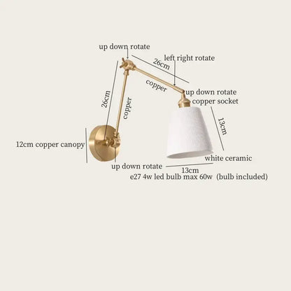 Gold ceramic led wall lamp with ribbed fabric shade for living room