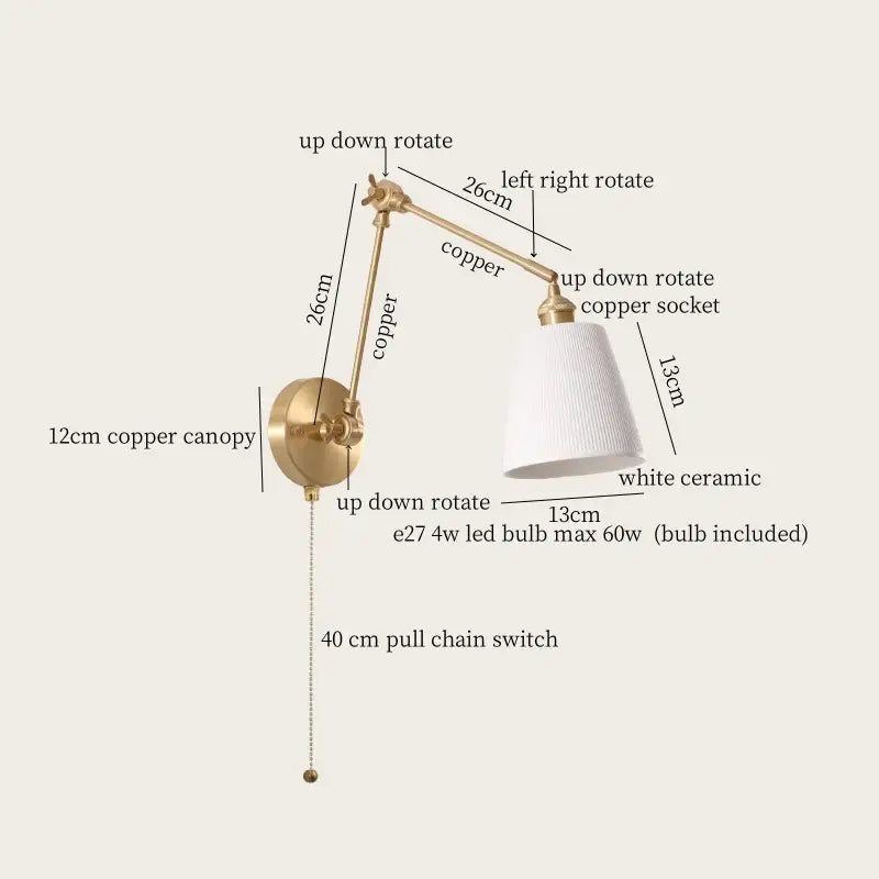 Gold ceramic led wall lamp with ribbed fabric shade for living room