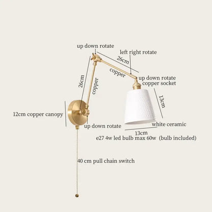 Gold ceramic led wall lamp with ribbed fabric shade for living room