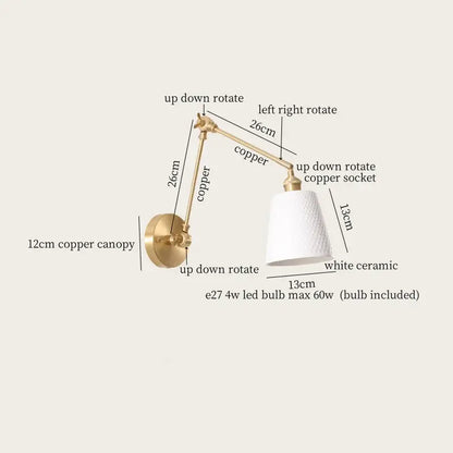 Gold ceramic led wall lamp with ribbed fabric shade for living room