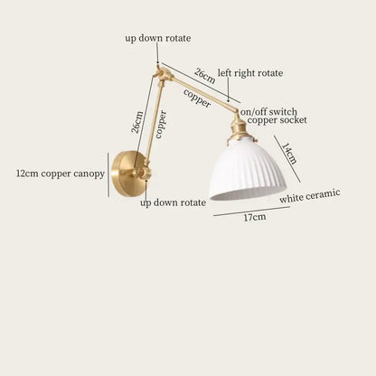 Gold ceramic led wall lamp with ribbed fabric shade for living room
