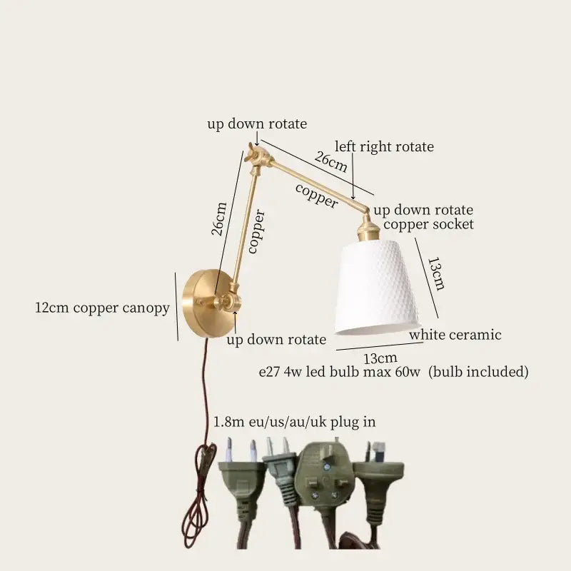 Gold ceramic led wall lamp with ribbed fabric shade for living room