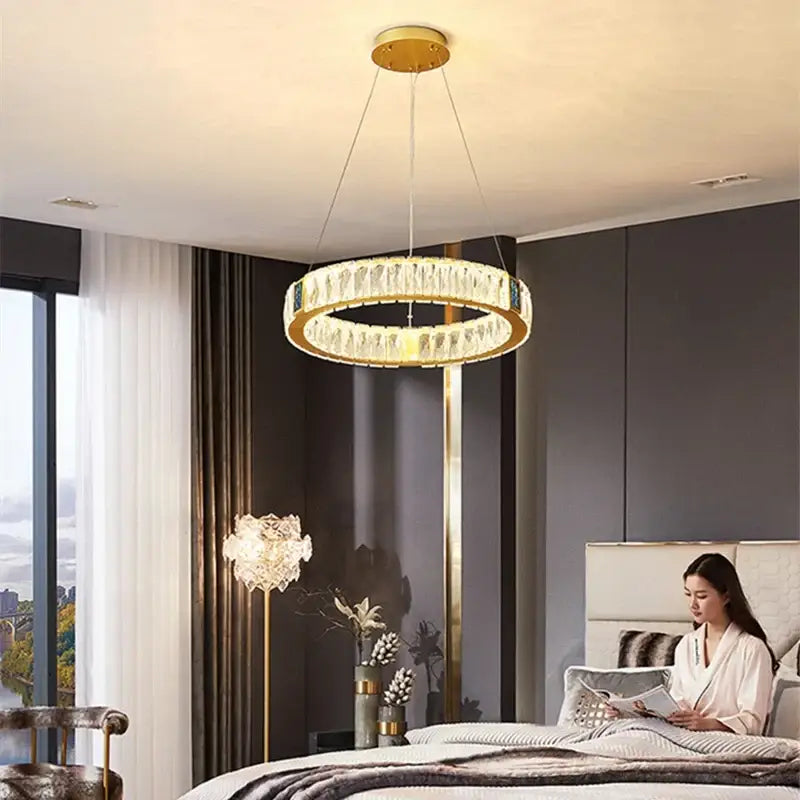 Gold circular crystal led chandelier dining room light