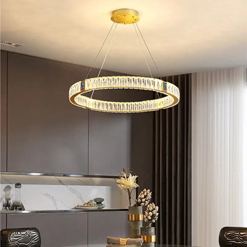 Gold circular crystal led chandelier dining room light