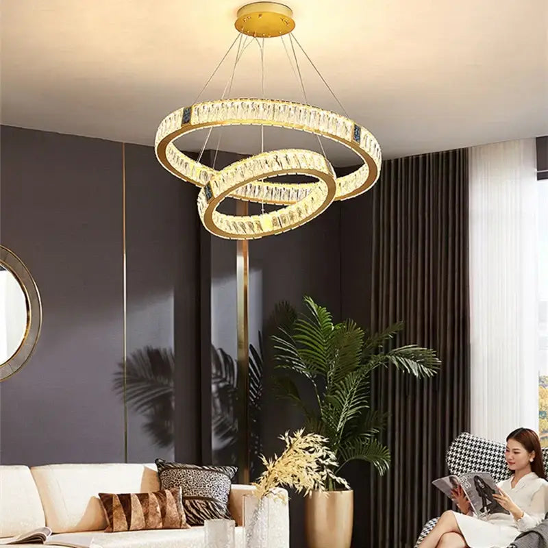Gold circular crystal led chandelier dining room light