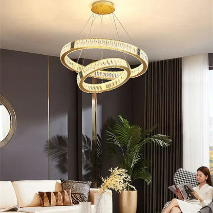 Gold circular crystal led chandelier dining room light
