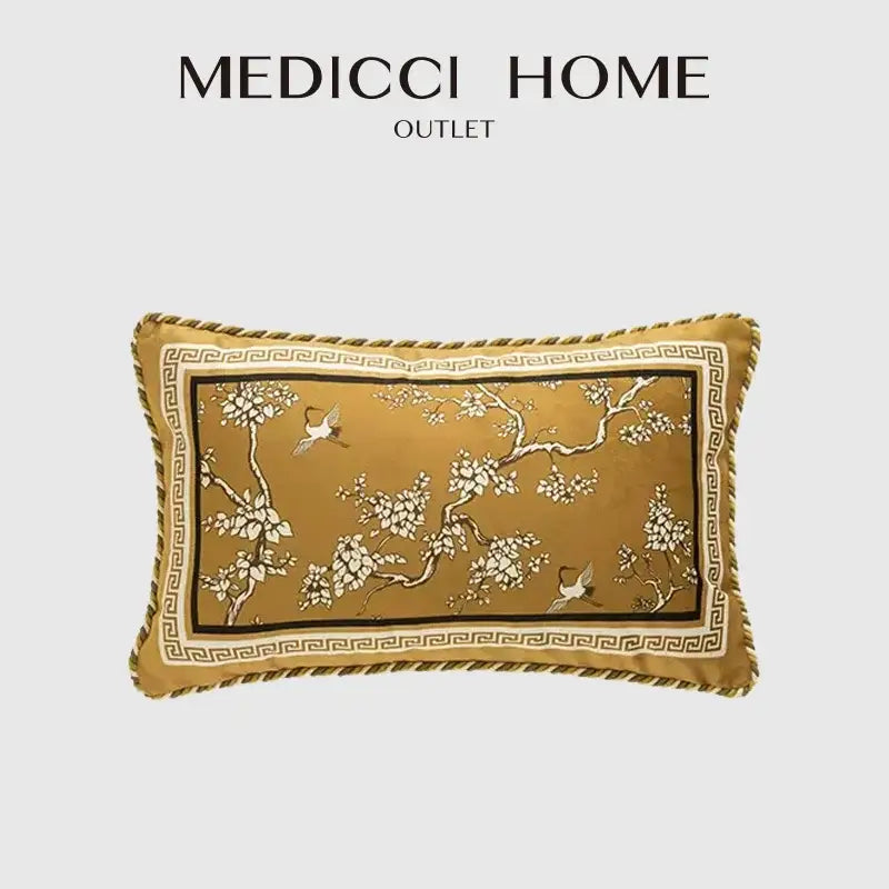 Gold crane birds branches lumbar pillow case living room cushion