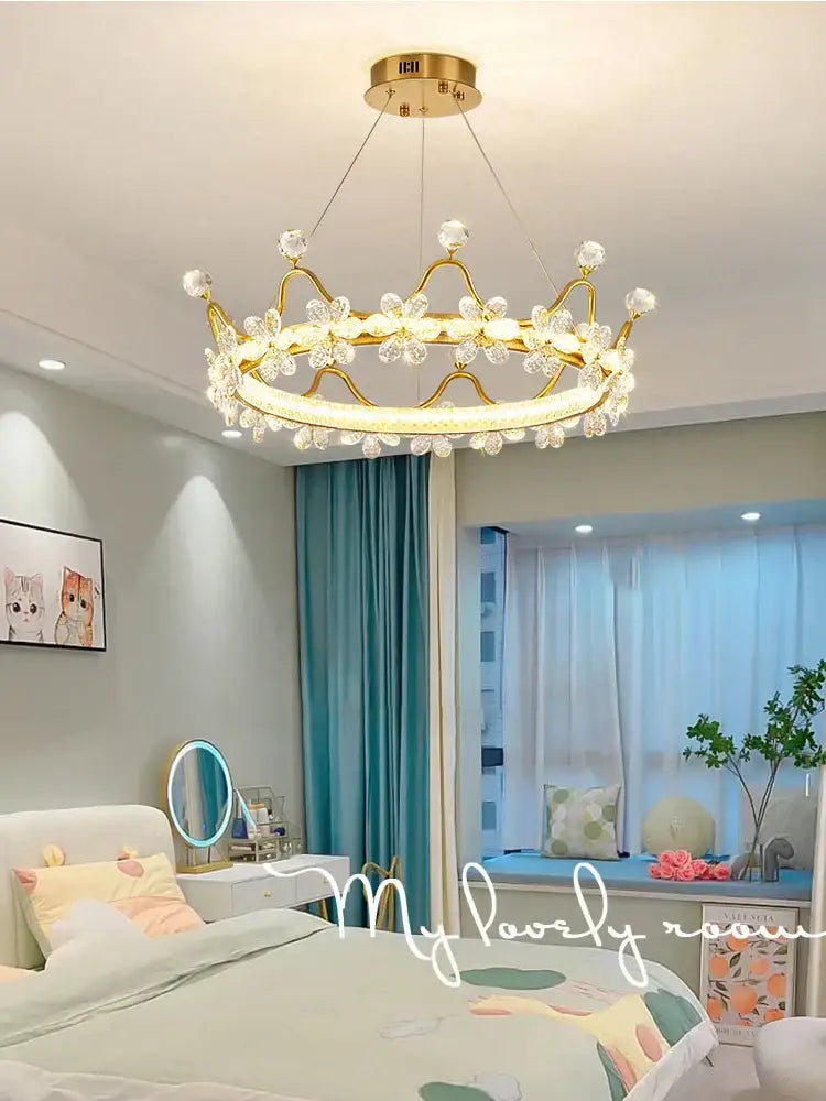 Gold crown crystal chandelier bedroom petal ring light