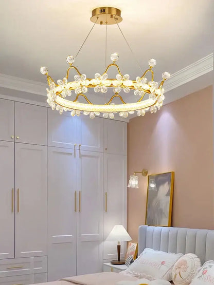 Gold crown crystal chandelier bedroom petal ring light