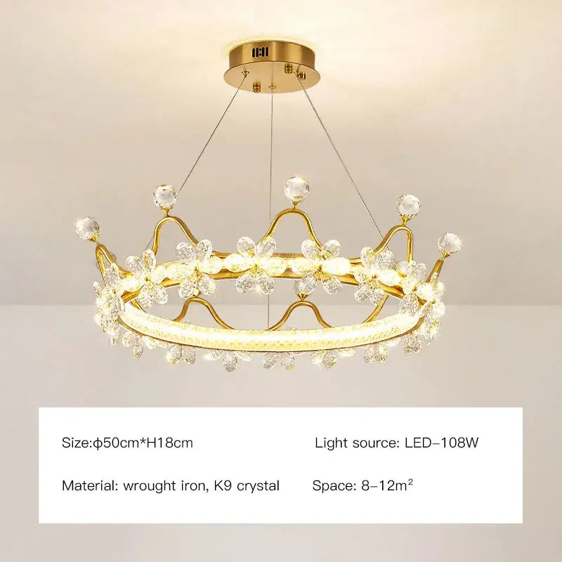 Gold crown crystal chandelier bedroom petal ring light