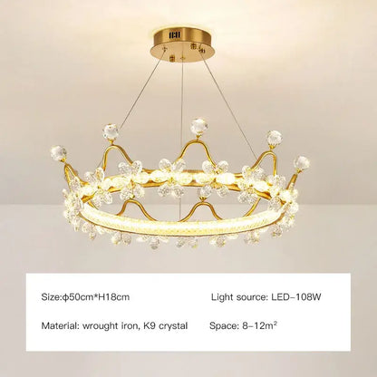 Gold crown crystal chandelier bedroom petal ring light
