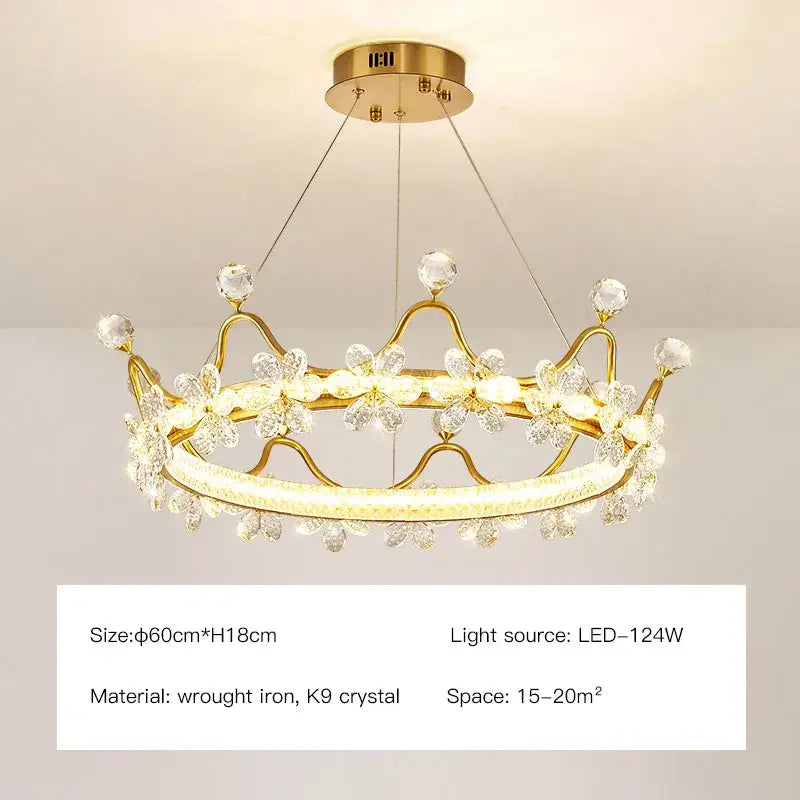 Gold crown crystal chandelier bedroom petal ring light
