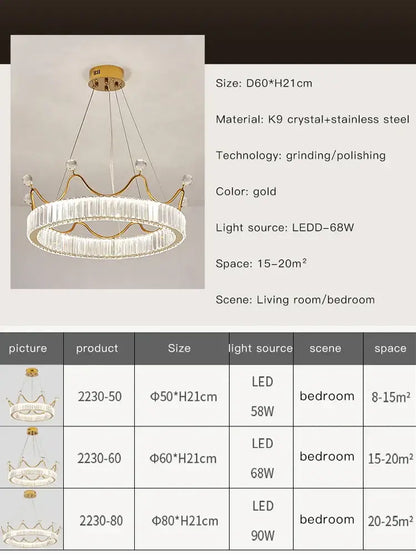 Gold crown crystal chandelier bedroom petal ring light