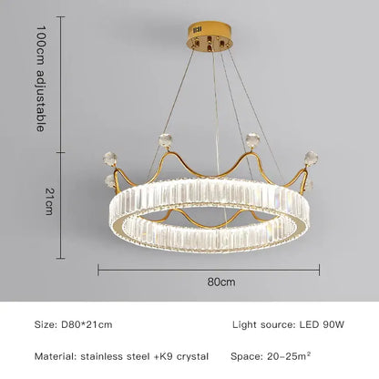 Gold crown crystal chandelier bedroom petal ring light