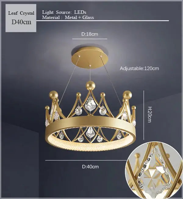 Gold crown crystal chandelier pendant light for bedroom
