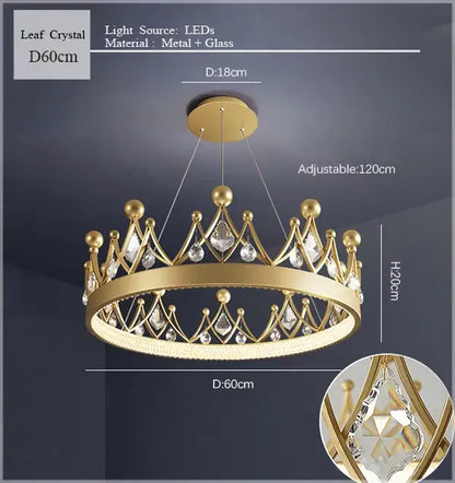 Gold crown crystal chandelier pendant light for bedroom