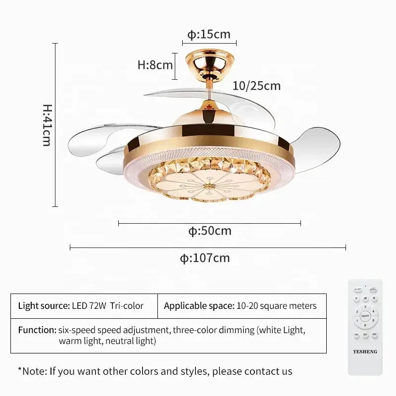 Gold crystal invisible fan ceiling fan living room light