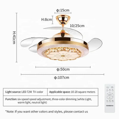 Gold crystal invisible fan ceiling fan living room light