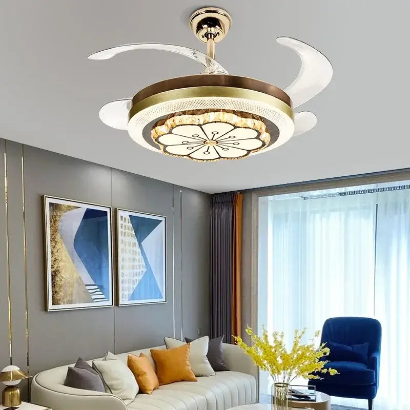 Gold crystal invisible fan ceiling fan living room light